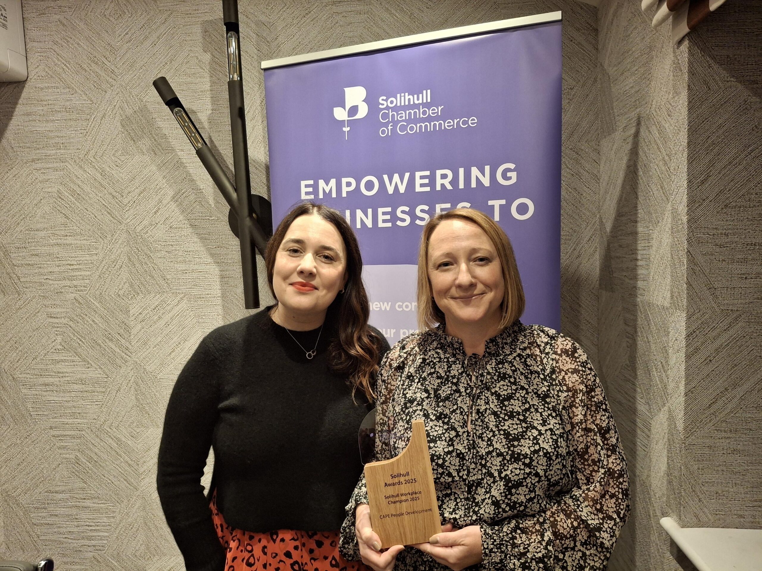CAPE People Development team (Lynsey Kitching) receiving the Solihull Chamber of Commerce Workplace Champion award.